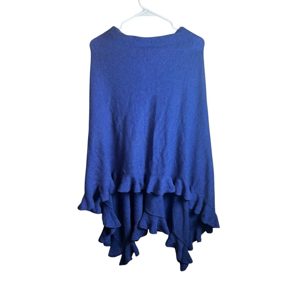 Hannah Rose 100% Cashmere Ruffle Hem Poncho Sweater Royal Blue OS